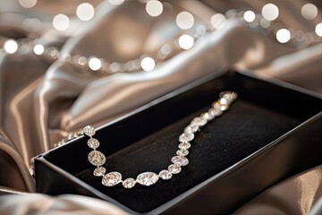 a image of a diamond necklace in a black box on a satin surface