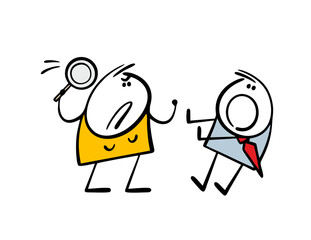 Aggressive wife beats her husband with a frying pan. Vector illustration of a family conflict. The abuser  woman and the victim  husband. Isolated doodle persons on white background.