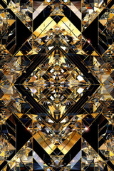 Black and gold and gems reflective chaotic geometric pattern, tetrahedron, triangles, cubes, squares, angles, straight lines.