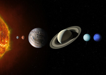 A planetary alignment, or a "planet parade" see six planets – Jupiter, Mercury, Uranus, Mars, Neptune and Saturn. Solar System planets. Elements of this image furnished by NASA. © revers_jr
