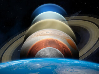 A planetary alignment, or a "planet parade" see six planets – Jupiter, Mercury, Uranus, Mars, Neptune and Saturn. Solar System planets. Elements of this image furnished by NASA. © revers_jr