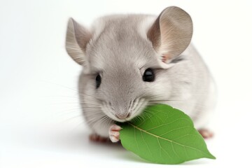 Adorable grey chinchilla carefully holding a vibrant green leaf with its tiny paws showcased in a close-up view, set against a pure white background, evoking a sense of nature and wildlife care