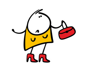 Unhappy woman with a fashionable red bag can hardly stand and walks in new shoes with big heels. Vector illustration of a fashion victim. Caricature lady in stilettos. Isolated on white background.