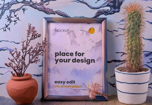 Branches and Cactus Scene Portrait Frame Mockup Generative Ai
