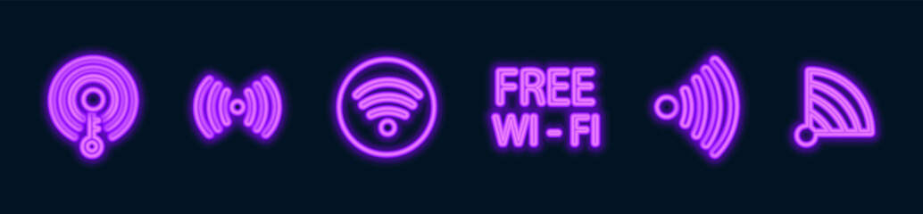 set of purple Wi-Fi wave signal signs isolated on dark background. Vector illustration