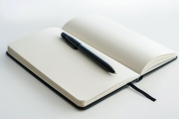 Minimalist image featuring an open blank notebook with a black pen lying on it, showcased with a soft shadow on a white background, symbolizing organization, planning, and creativity