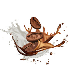 Roasted coffee beans in splashes of delicious coffee, 