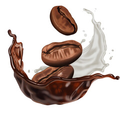 Roasted coffee beans in splashes of delicious coffee, 
