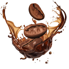 Roasted coffee beans in splashes of delicious coffee.