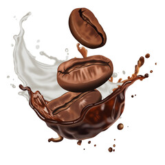 Roasted coffee beans in splashes of delicious coffee, 