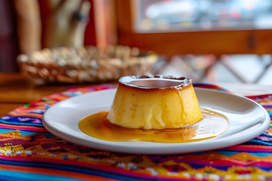 Delicious Flan on Plate with Colorful Mexican Tablecloth