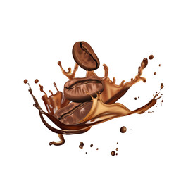 Roasted coffee beans in splashes of delicious coffee.
