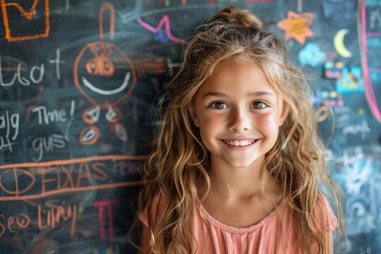 A young cute student with long blond hair stands in front of a board with various inscriptions and drawings. - Powered by Adobe