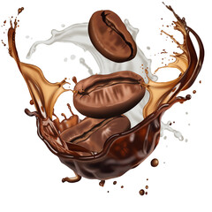 Roasted coffee beans in splashes of delicious coffee, 