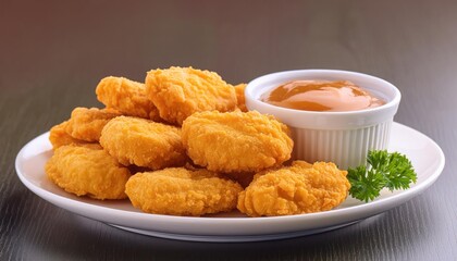  High quality A plate of chicken nuggets with a side of dipping sauce, presented neatly,