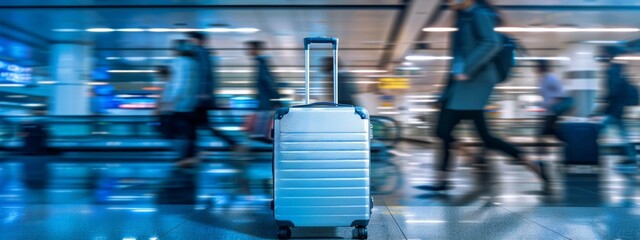 Blue suitcase standing in a busy airport terminal. Luggage, travel, airport, transportation concept. Wide banner
