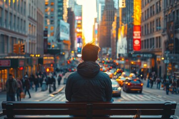 Man on bench overlooking bustling city street