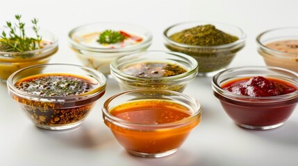 Glass bowls filled with colorful sauces on a white background. Culinary variety, food presentation, cooking, condiment concept