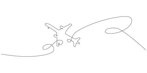 Vector one line art illustration of a airplane silhouette on white background