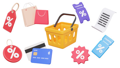 3D icon set shopping baskets, shop online concept. credit card, ticket, receipt, discount, promotion, price tag, on isolated object transparent png background. cartoon style. 3d render illustration