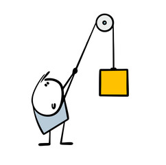 A worker at a construction site lifts loads.  Simple mechanism helps. Vector illustration of a stickman pulling a rope. Physics lesson at school. Gravity. Isolated character on white background.