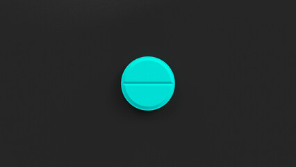 Turquoise single pill isolated on a black background. Tablet, pill capsule top view, flat lay. 3d render illustration 