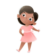 Little girl character design, Latin American ethnicity kids character design. Happy cute child wearing beautiful dress, children cartoon. Hand drawn vector character illustration in watercolor style.