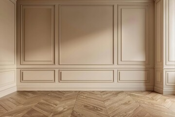 Refined beige wall panels and light wood floor in a classic room setting