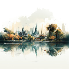 Obraz premium a painting of a city with a lake in the background