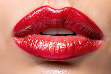 Obraz premium close up lips of woman, red lipstick, beautiful smile, woman with perfect teeth