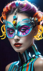 Obraz premium Futuristic half-length portrait, beautiful girl model in colorful mask, striped body art, colorful makeup, world of fashion and beauty and fashion industry
