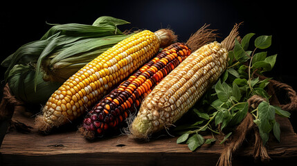 Colorful Corn on the Cob on Wooden Board