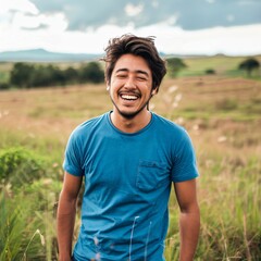 Portrait of the handsome man in blue t-shirt with happy face in the field. Excited person. Happiness concept