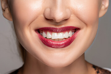 Fototapeta premium close up lips of woman, red lipstick, beautiful smile, woman with perfect teeth