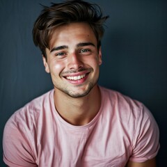 Fototapeta premium Front view of man in pink t-shirt smiling on dark background