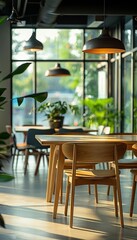 Fototapeta premium Modern employee dining space in an IT company, Googleinspired design, detailed, peoplefree, vibrant and cozy