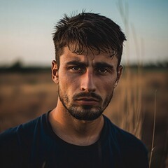 Fototapeta premium Portrait of man looking serious standing in the field