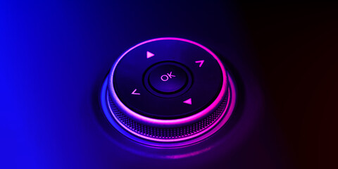 A close-up of a glowing button switch on a black background with neon purple and blue lighting....