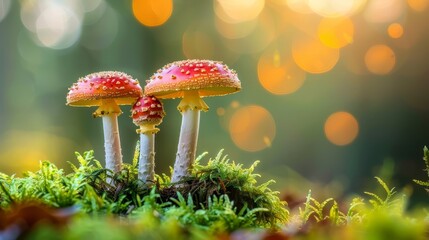  A group of mushrooms sits atop a lush, green moss-covered forest floor, teeming with red and white mushrooms - Powered by Adobe