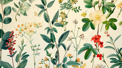 A beautiful botanical illustration of a variety of plants and flowers.