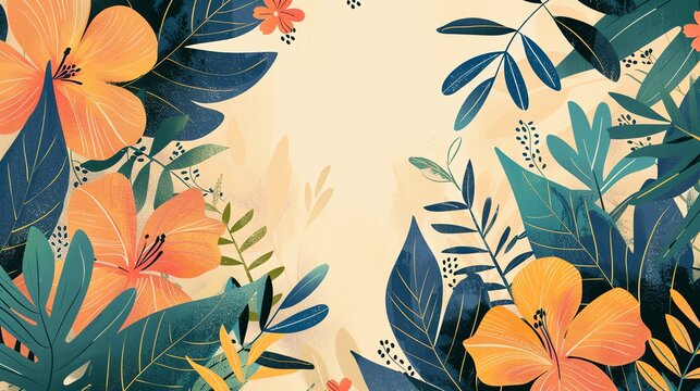 vibrant tropical flowers and leaves on a beige background. The perfect backdrop for your next summer soiree.