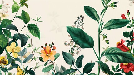 A beautiful botanical illustration of a variety of plants and flowers.