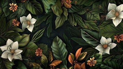 A lush tropical leaves with white and yellow flowers. The leaves are dark green and the flowers are white with yellow centers.
