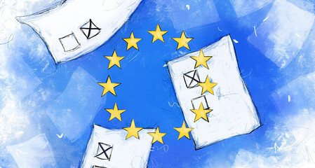 Głosowanie do europarlamentu. Karty do głosowania i flaga Unii Europejskiej  © Magdalena