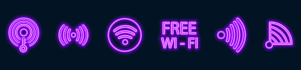 set of purple Wi-Fi wave signal signs isolated on dark background. Vector illustration