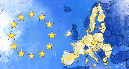 Rysunek z poglądową mapą Unii Europejskiej i flagą