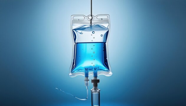 IV bag with blue fluid isolated photorealistic