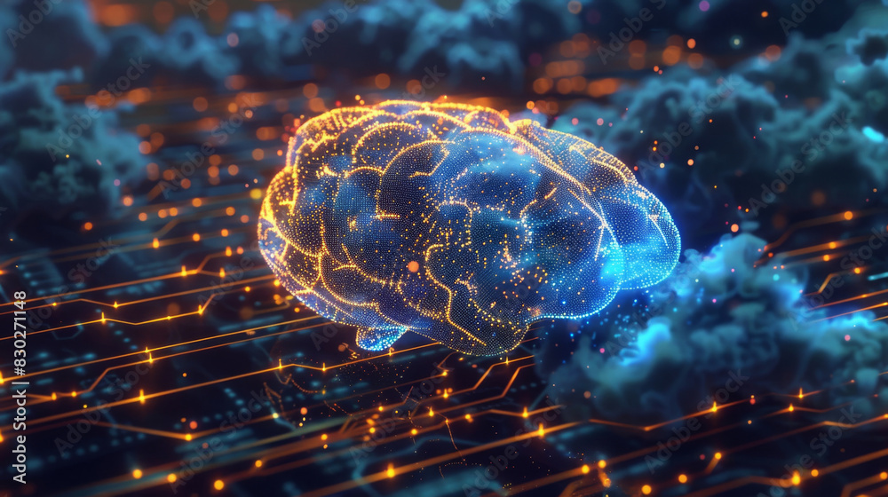 Poster Digital brain concept: glowing representation of artificial intelligence on network background