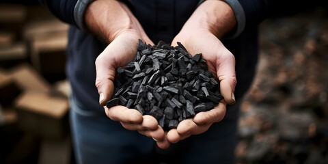 Sustainable Organic Fuel: Person Holding Biochar Pellets Made from Woody Material. Concept Biochar Production, Sustainable Energy, Woody Biomass, Organic Fuel, Environmental Innovation