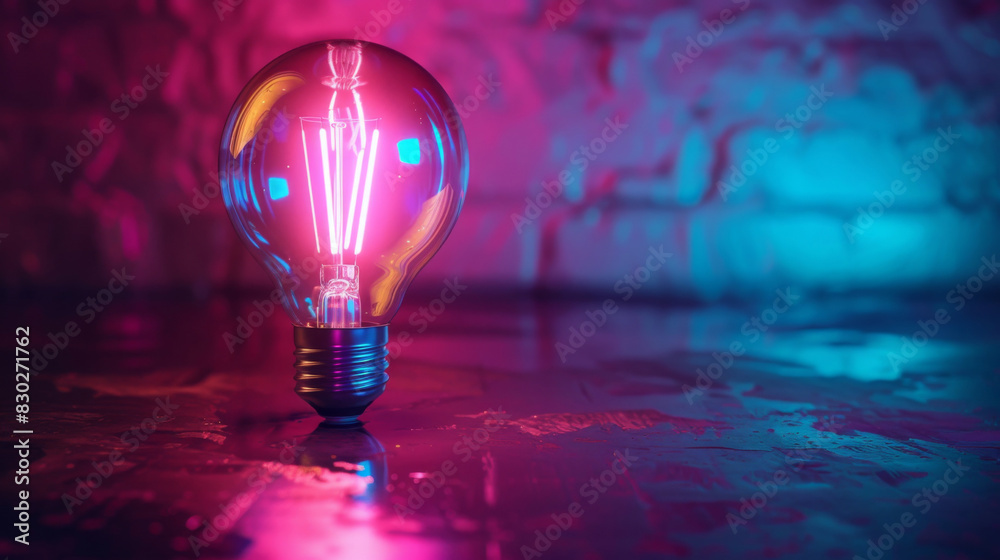 Poster shiny surface reflecting colorful neon glow from illuminated light bulb
